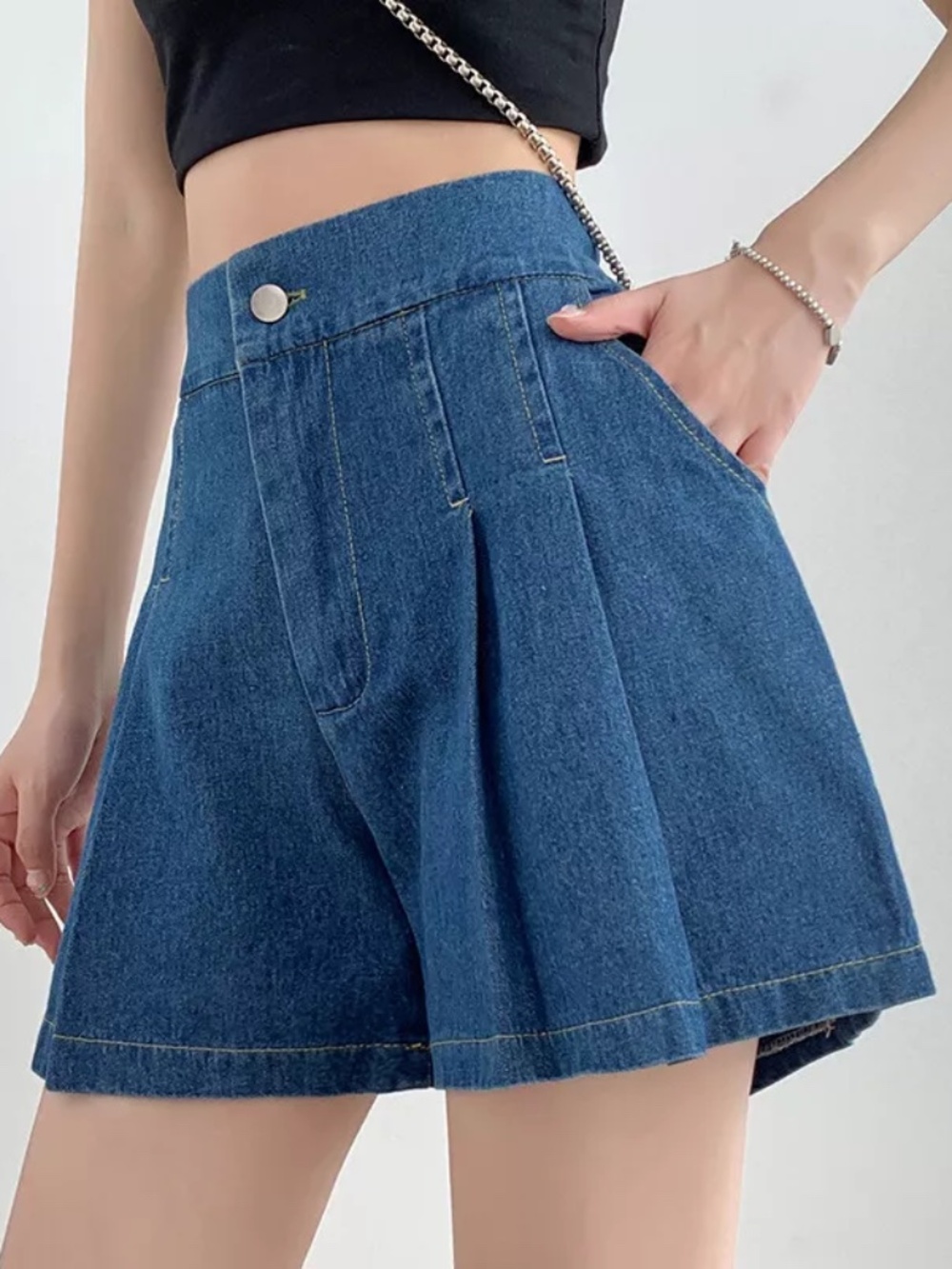 Lady Japanese Style Denim Shorts A-Line Wide Legs Elastic High Waist Skirts